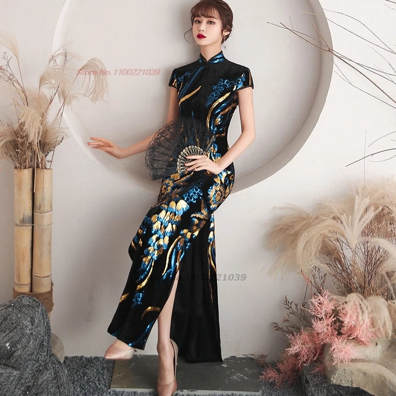 2024 chinese vintage dress improved cheongsam flower embroidery velvet dress oriental evening qipao banquet party dress vestido - Seprincess