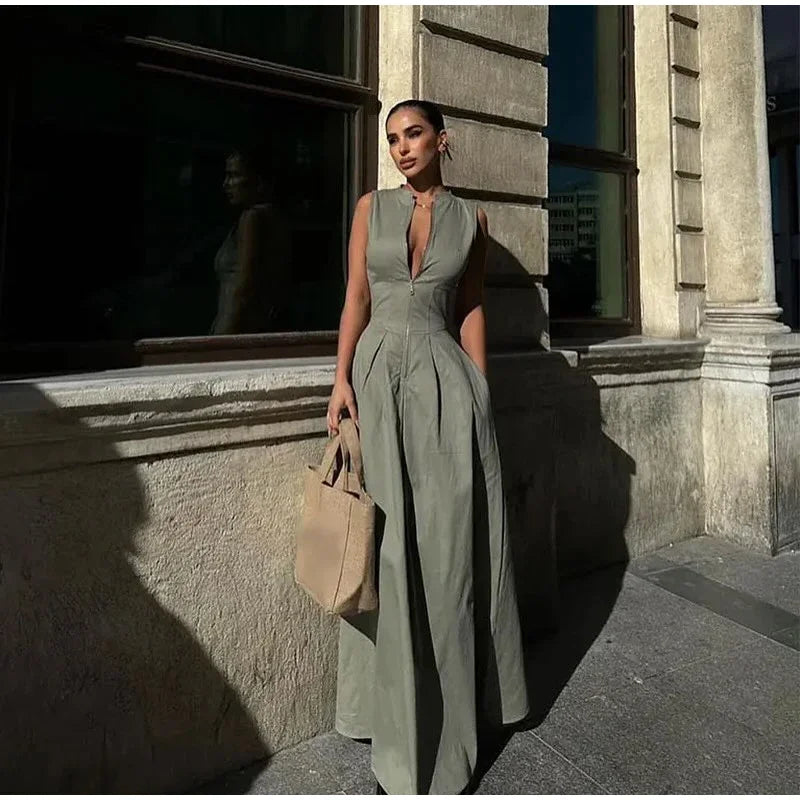 Fashion Sleeveless Spliced Zipper Maxi Dress Elegant V-neck High Waist Slim Pleated Long Dresses Summer Office Lady Street Robes - Seprincess