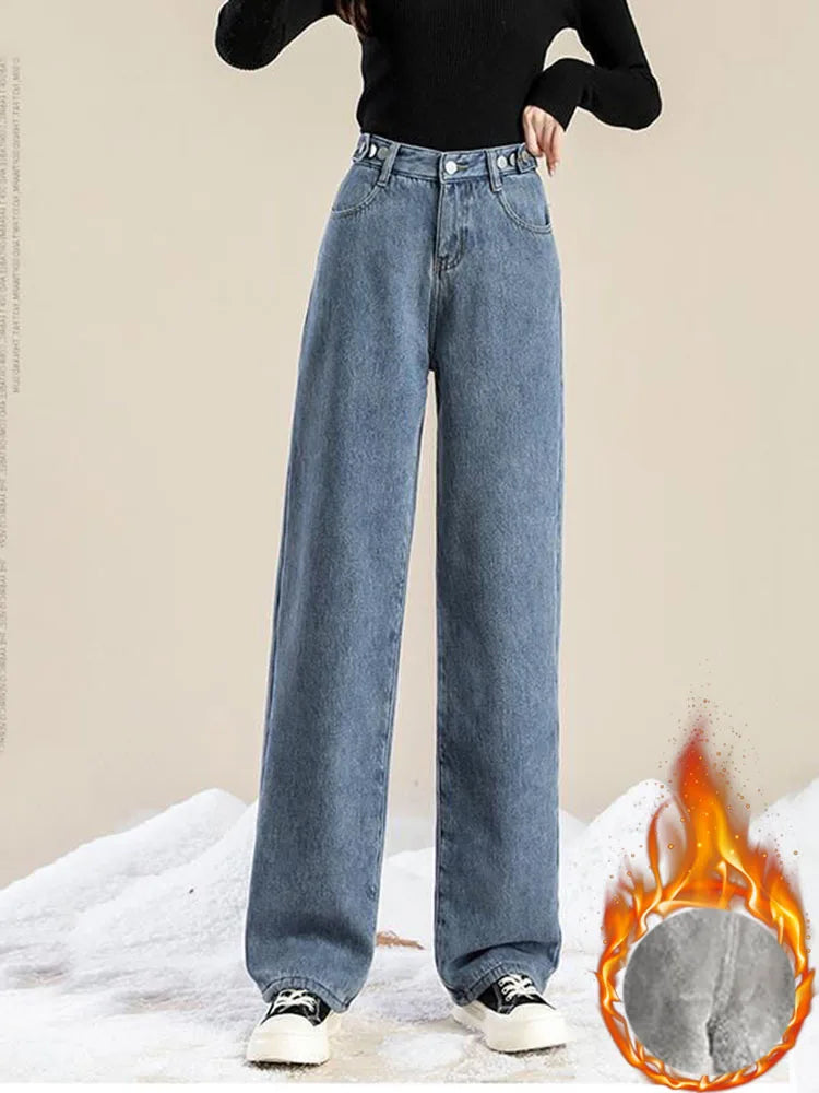 Straight Velvet Lined Baggy Jeans Pants Women Warm Plush Wide Leg Vaqueros Pantalones Thick Loose Vintage Winter Denim Trousers