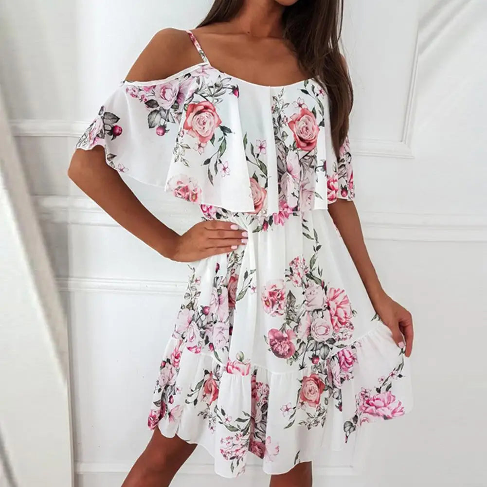 Trendy Mini Dress Flower Print Flounce Edge Colorful Above Knee Short Sleeve Women Dress  Female Dress Spaghetti Strap - Seprincess