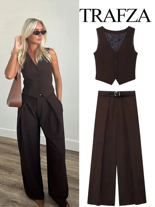 TRAFZA Female Sets V-Neck Sleeveless Side Slit Single Breasted Vest+High Waist Pockets Sashes Wide Leg Pants Women Fashion Suit - Seprincess