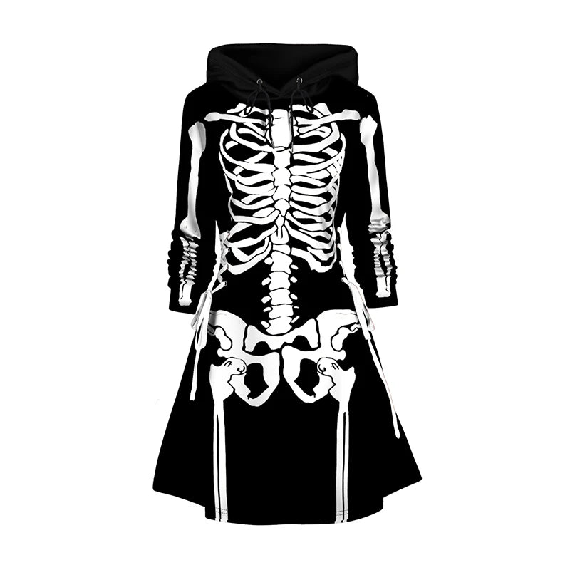 Dressfo 2024 Womens Gothic Hoodie Dress Cat Hat Moon Print Lace Up Long Sleeve A Line Mini Dress Christmas Sweatshirt Dresses - Seprincess