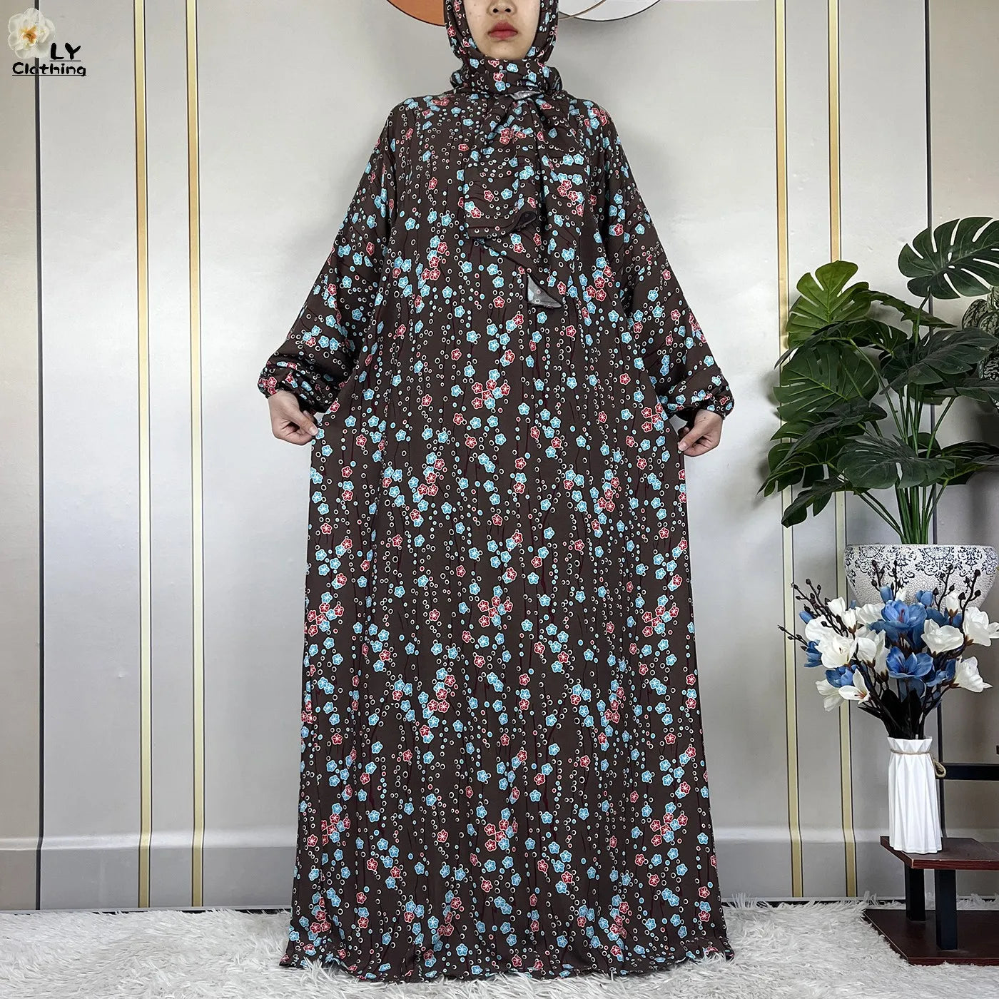 2024Latest Muslim Abayas For Women Ramadan Prayer Maxi Dubai Turkey Femme Cotton Robe Floral Loose African Dress Turban Attached