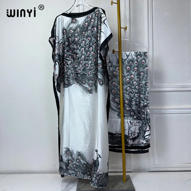 WINYI Africa summer kaftan with belt Women Classic peacock print Caftan Elegant Holiday summer Maxi silk Bohemian party dress - Seprincess