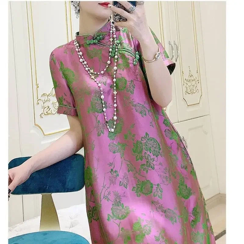 2023 New Improved Flower Printed Chinese Qipao Dress Spring Summer Short Sleeve Stand Collar Women Retro Fashion Cheongsam - Seprincess