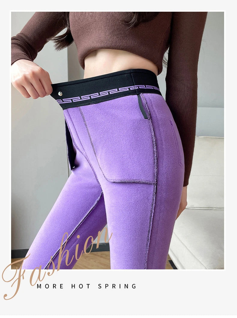 Women’s Winter Pants Thicken Fleece Slim Stretch High Waist Warm Thermal Leggings Pocket Sweatpants Women Velvet Pencil Pants