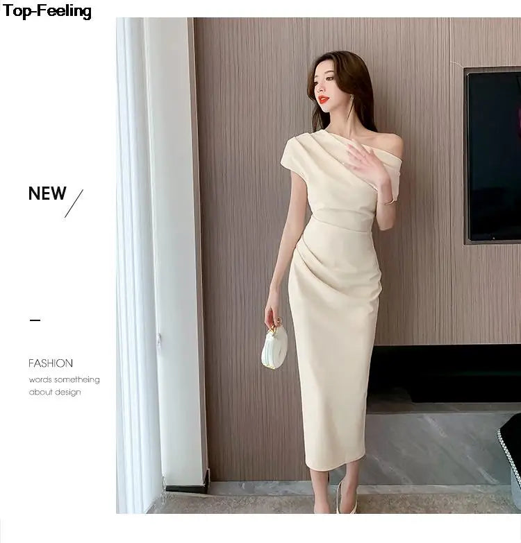 Elegant Off Shoulder Evening Party Dresses Women Summer Fashion Slim One Piece Solid Vestidos Korean Graduation Robe Clothing