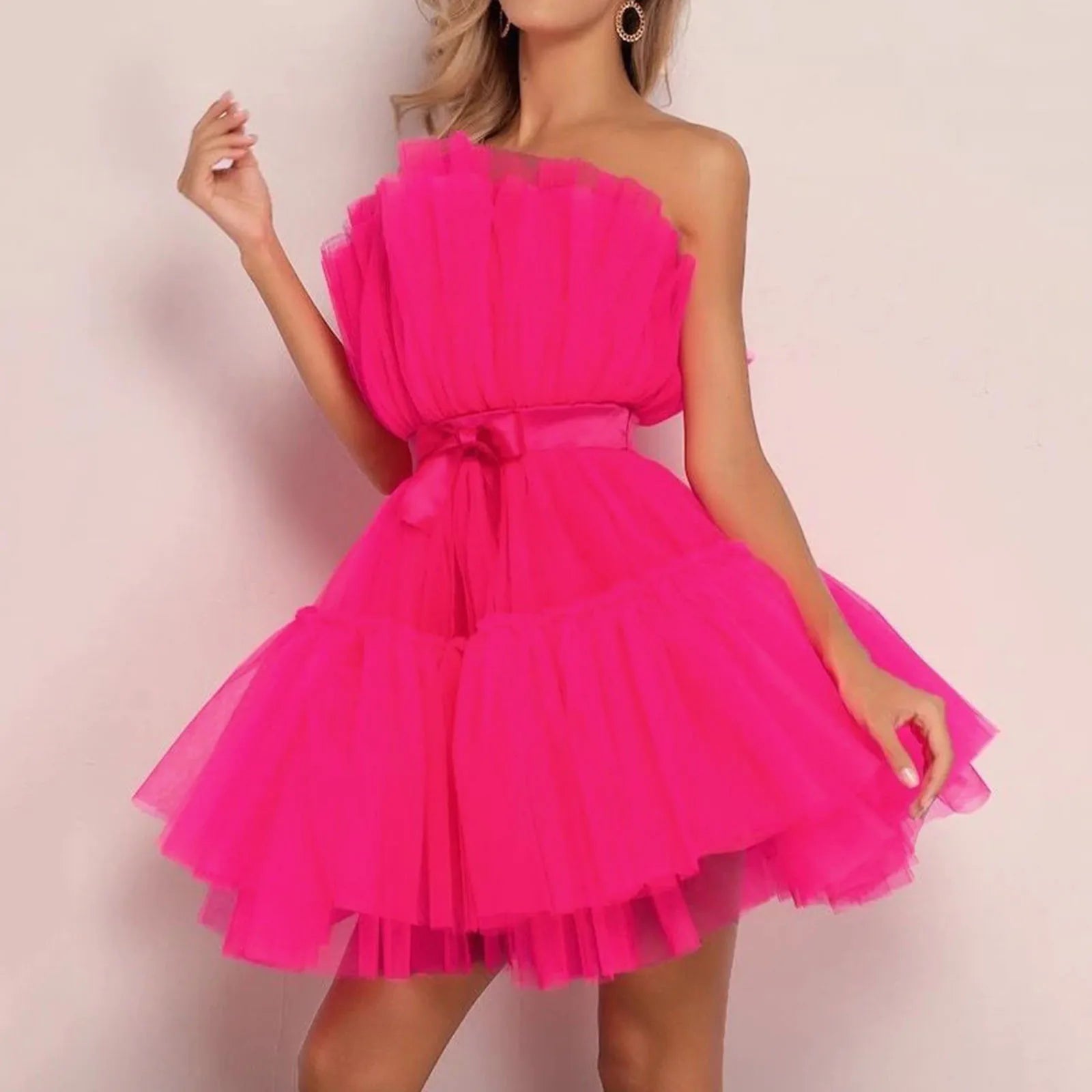 Tulle Dress Women Short Puffy Prom Dress Strapless Mesh Birthday Fairy Dresses Ruffle Cocktail Dress for Women Wedding Long - Seprincess