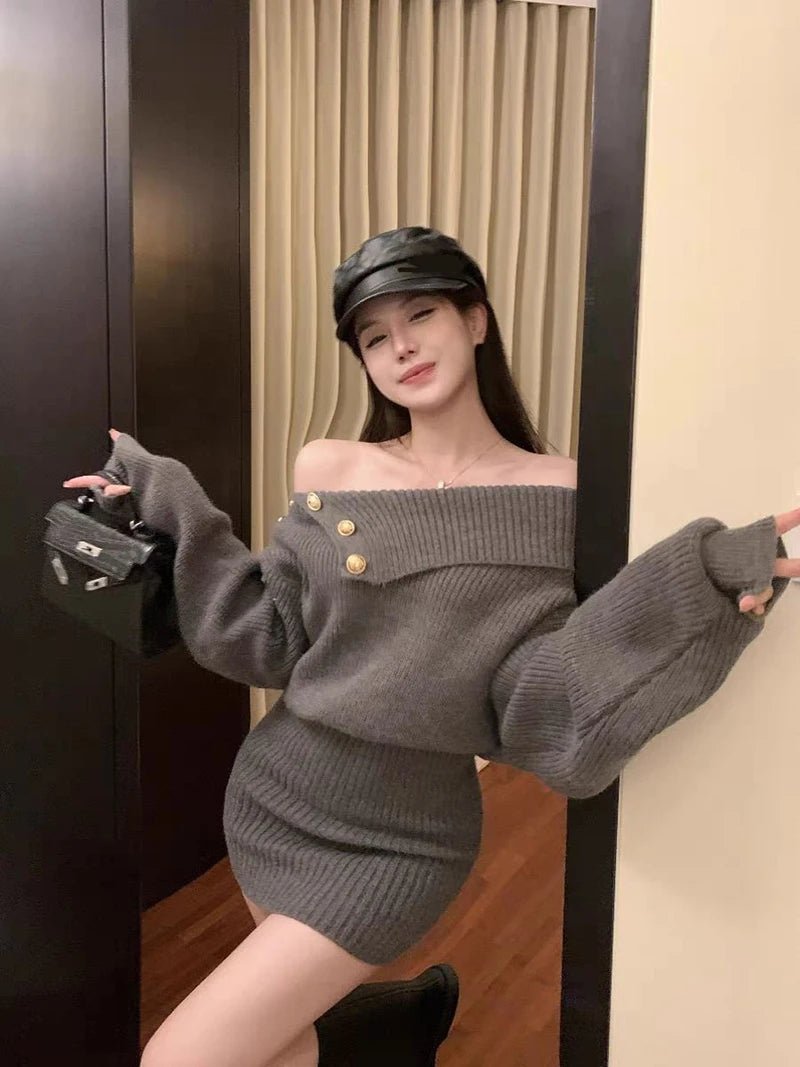 White Knitted Mini Dress Women Fashion Sexy Black Slash Neck Wrap Sweater Dresses Winter Korean Elegant Bodycon A Line Vestidos - Seprincess