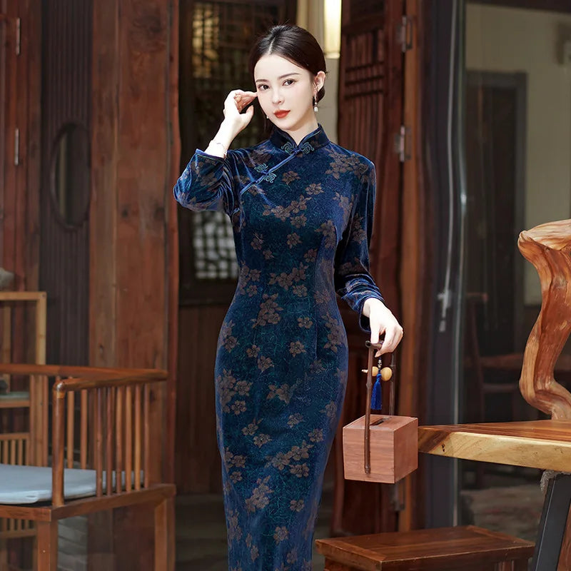 Women Flocking Cheongsam Improved Winter Plus Size Dress Chinese Style Evening Dresses Show Long Qipao Costume 4 Color - Seprincess