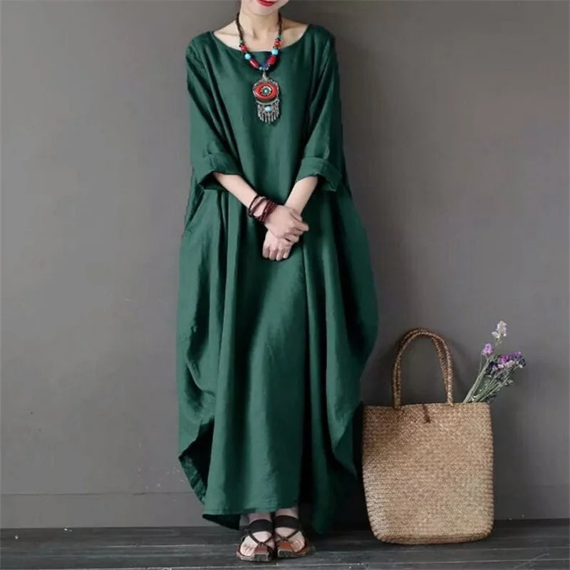 2022 Spring New Loose Size Round Neck Mid-Sleeve Large Swing Cotton And Linen Long Dress - Seprincess