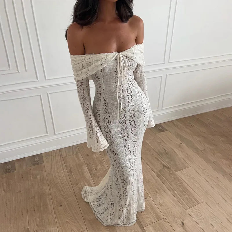 White Off Shoulder See-through Lace Up Maxi Dress Women Flared Long Sleeves Chest Wrapped Dresses Summer Elegant Seaside Gowns - Seprincess