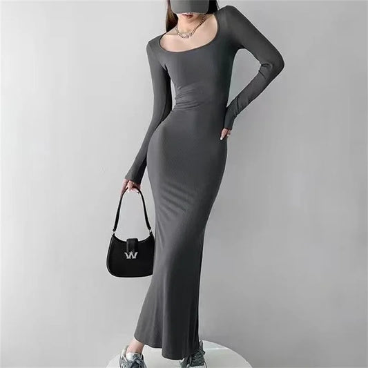 Women Spring Autumn Style Long Sleeve low cut Collar Solid Color Mermaid Sexy Dress - Seprincess