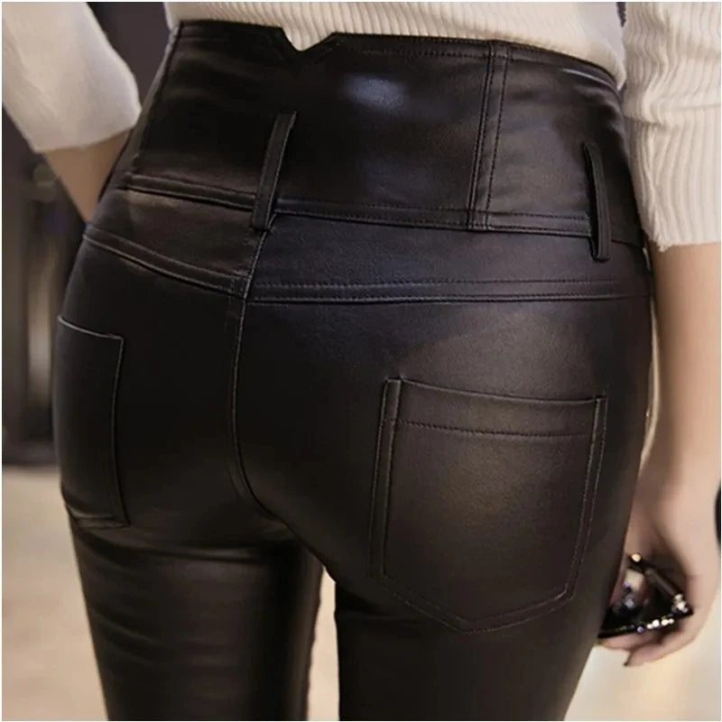 Autumn Winter New High Waist Stretch Leather Leggings Thick Female Faux PU Leather Pants Sexy Push Up Slim Tights Fleece Trouser