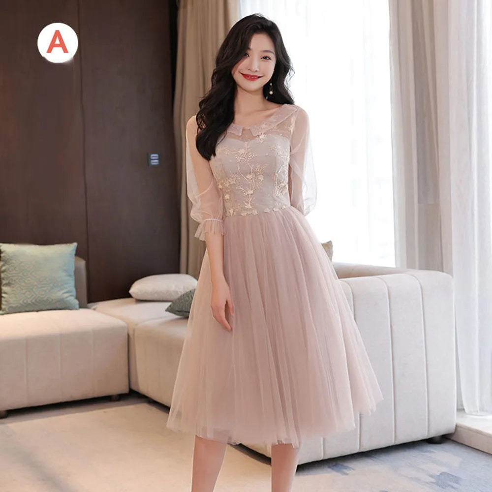 4 Styles Elegant Simple Bridesmaid Dress Women's Tulle Half Sleeves Slim Fit Design A-Line Dress Applique Wedding Party Vestido - Seprincess