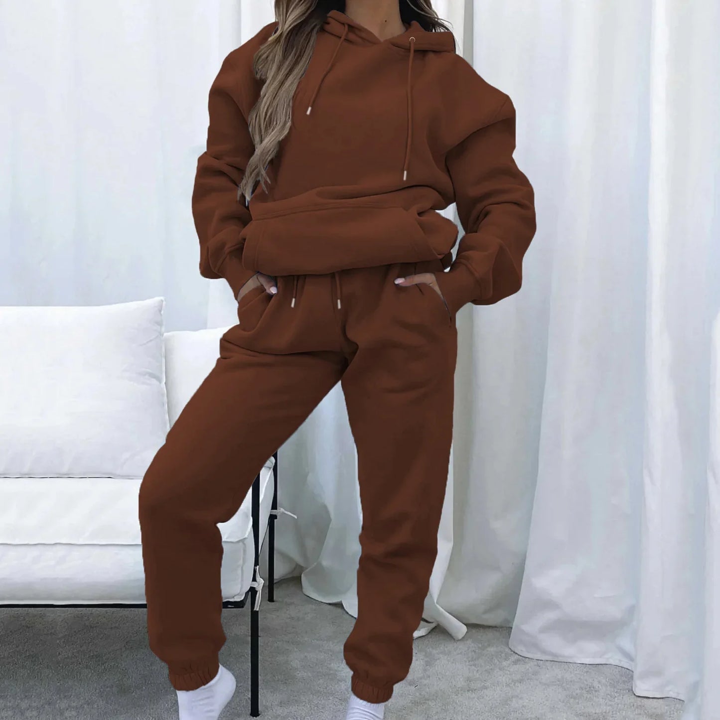 Women Two Piece Sets Tracksuit outfit Hooded Sweatshirts Pocket Drawstring Long Pants Suit Thick Casual Office Lady Autumn - Seprincess