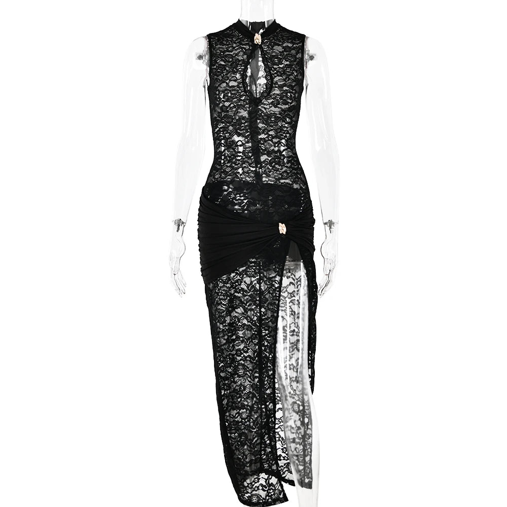 Fantoye Sexy Hollow Out High Slit Lace Women Maxi Dress Black See Through Evening Dress Female Autumn New Elegant Party Clubwear - Seprincess