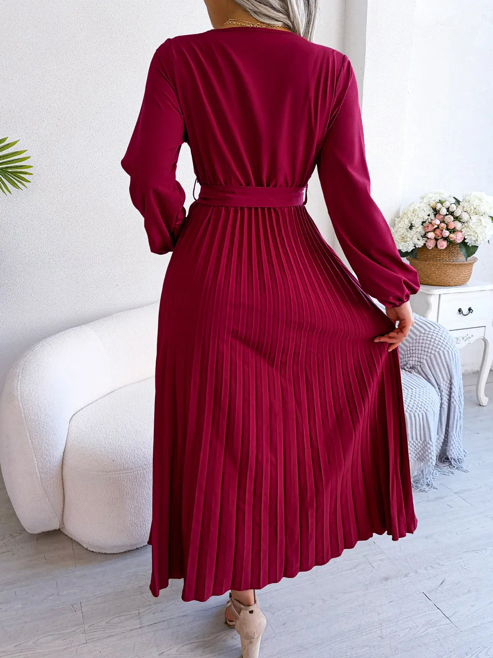 Women Elegant V Neck Long Sleeve Pleated Maxi Dress - Seprincess