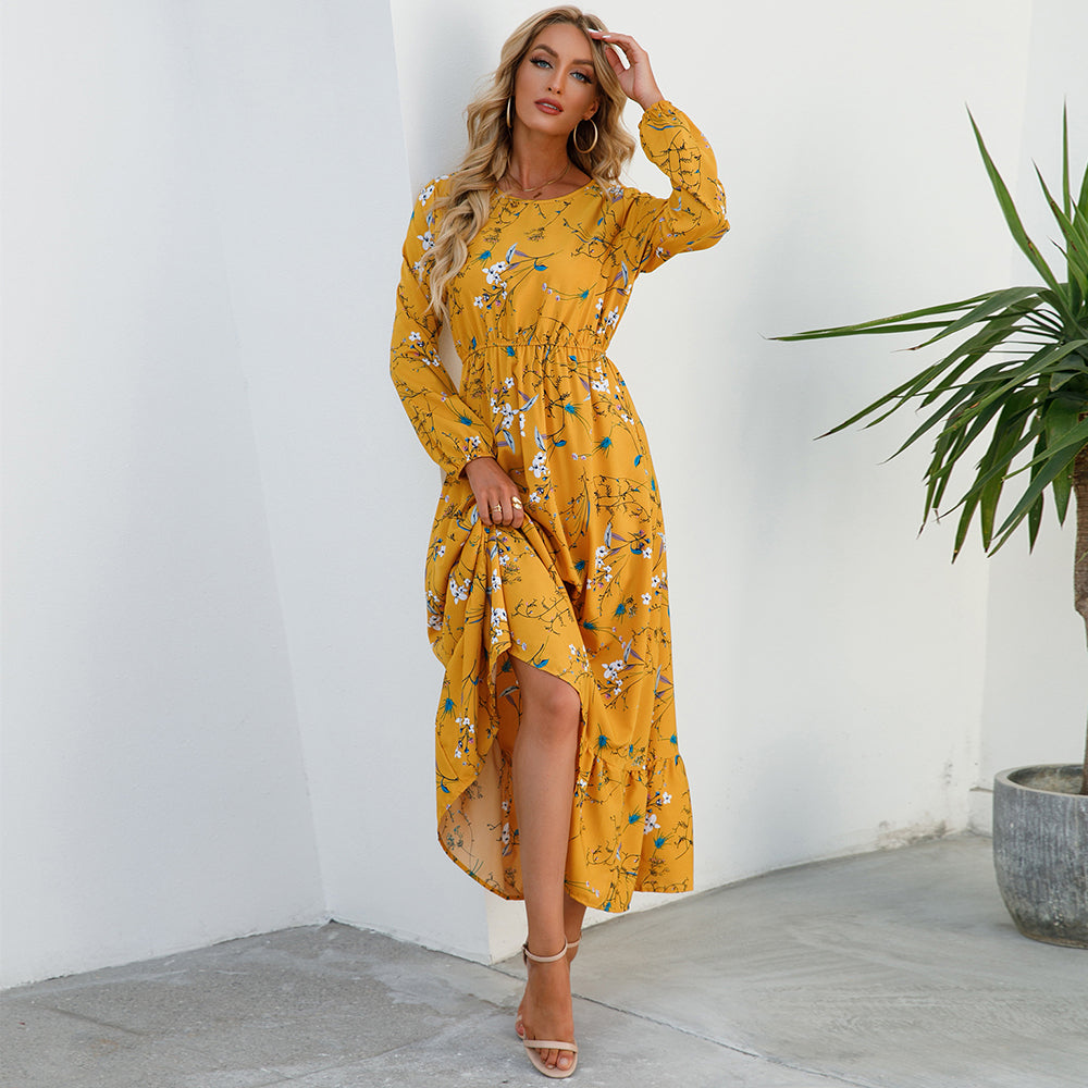 Women Maxi Dresses Sping Autumn Bohemian Casual Full Sleeve High Waist Beach Woman Chiffon Dresses Floral Vestidoes Long Dress