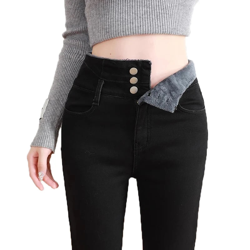 Epligg Thermal Winter Thick Women Stretch Button Pencil Pants Velvet Casual Jeans Thick Fleece High-waist Warm Skinny Jeans