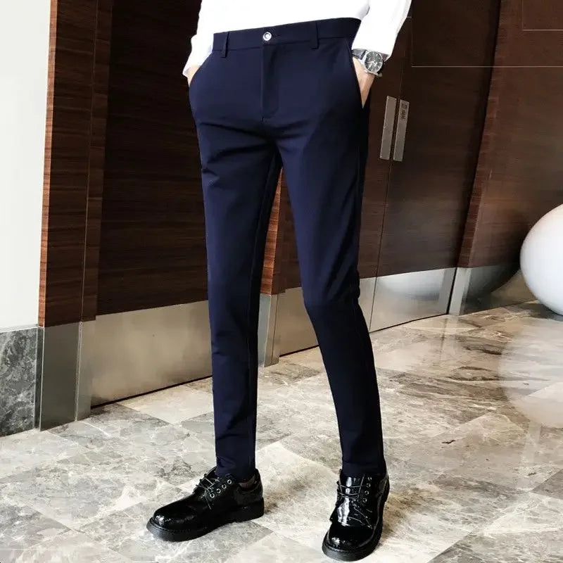 Elastic Business Tressed Male Suit Trousers 9 Cropped Fluid Stretch Social Tailoring Men's Summer Pants Draped Slim Fit Fabric