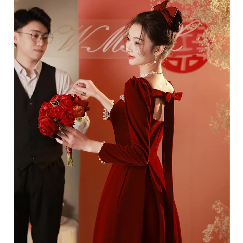 Burgundy Velvet Prom Dresses Square Collar Long Sleeve Pearl Crystal Long Engagement Dress Plus Size Female Formale Gowns - Seprincess