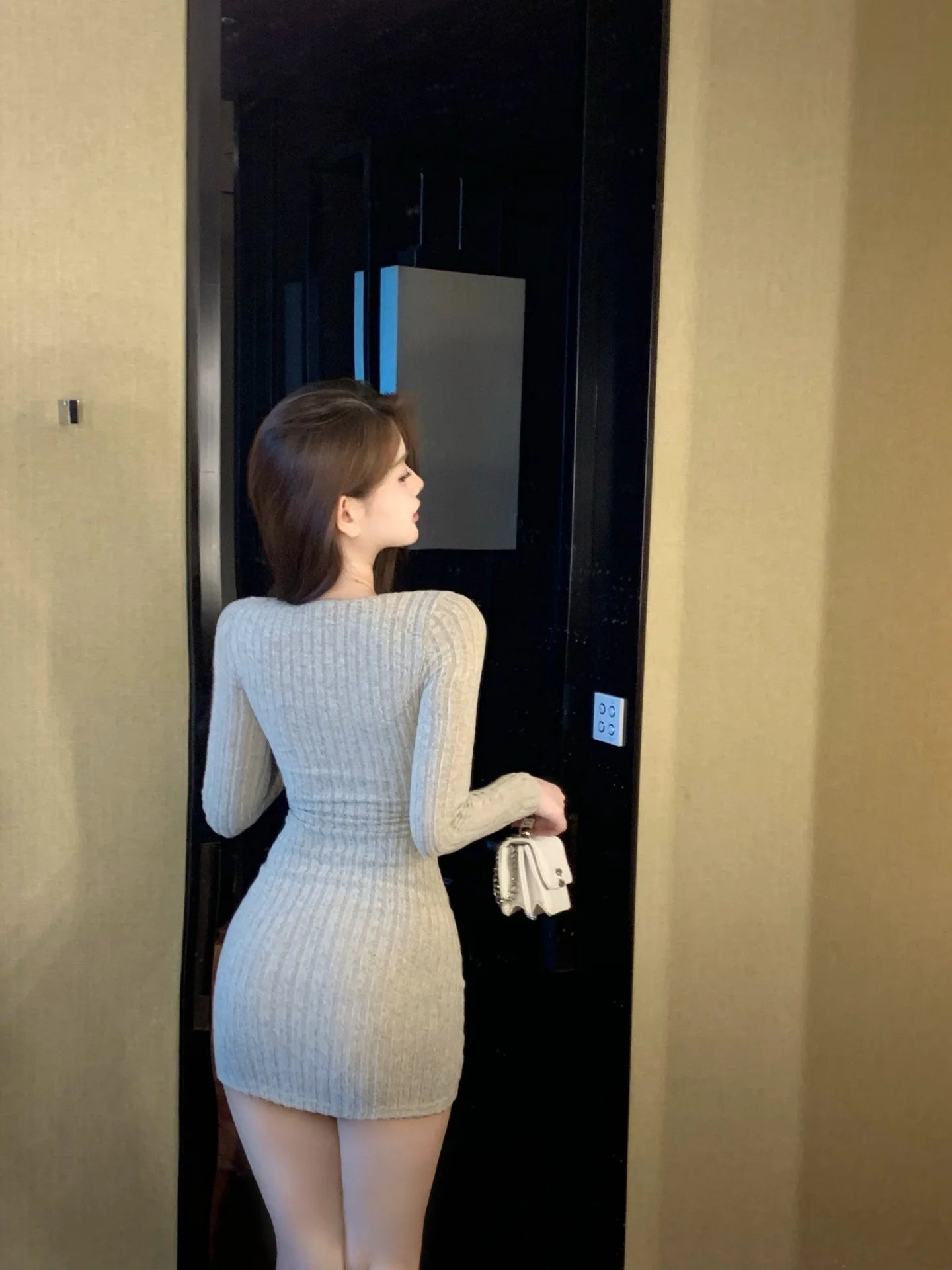 Korean Version Design Sense Hollow Out Exposed Chest Round Neck Long Sleeve Cinching Waist Wrap Hip Slim Knitted Dress K0R1 - Seprincess