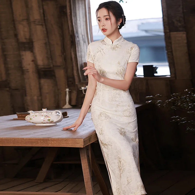 Classic Elegant White Female Qipao Vintgae Mandarin Collar Lace Flower Cheongsam Sexy Split Vestidos Traditional Chinese Dress - Seprincess