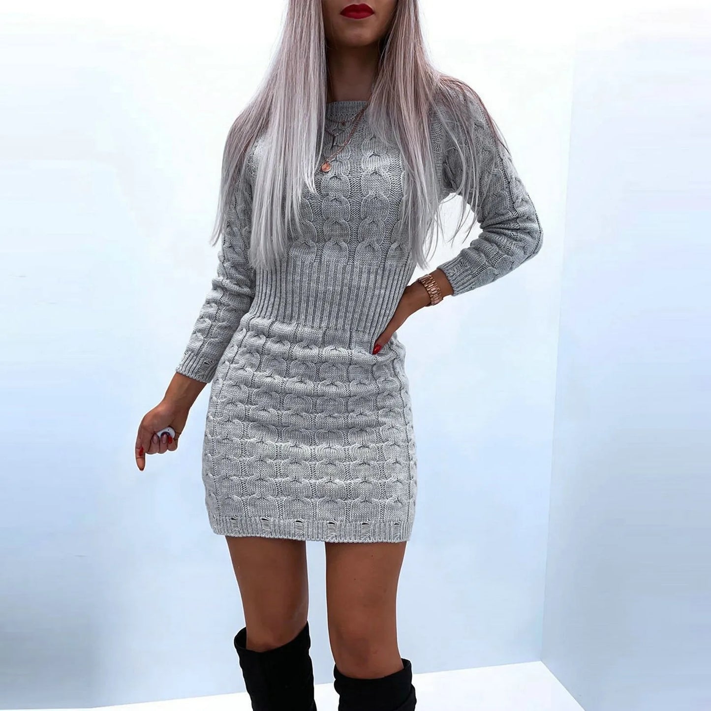 Female Aesthetic Dress O-Neck Long-Sleeved Loose Solid Sweater Women's Casual Knitted Autumn Winter Sexy Dresses Vestidos - Seprincess