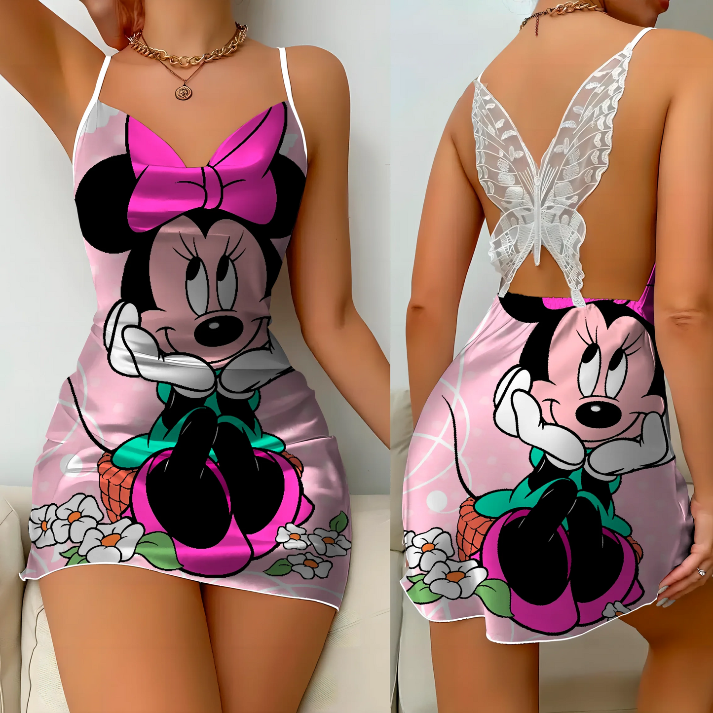 Mini Dress Pajama Skirt Bow Knot Party Dresses Satin Surface Minnie Mouse Disney Mickey Womens Fashion Summer 2024 Elegant Women - Seprincess