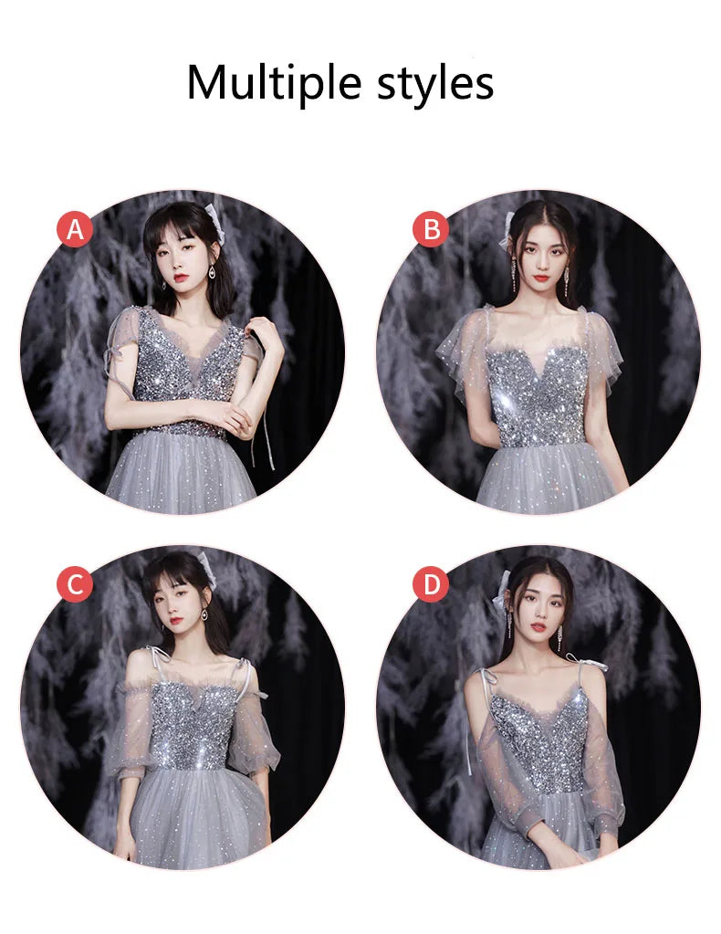 Grey Bridesmaid Evening Dress Women Off Shoulder Sequins Wedding Party Vestidos Fairy Temperament Sisters Group Gown Summer - Seprincess