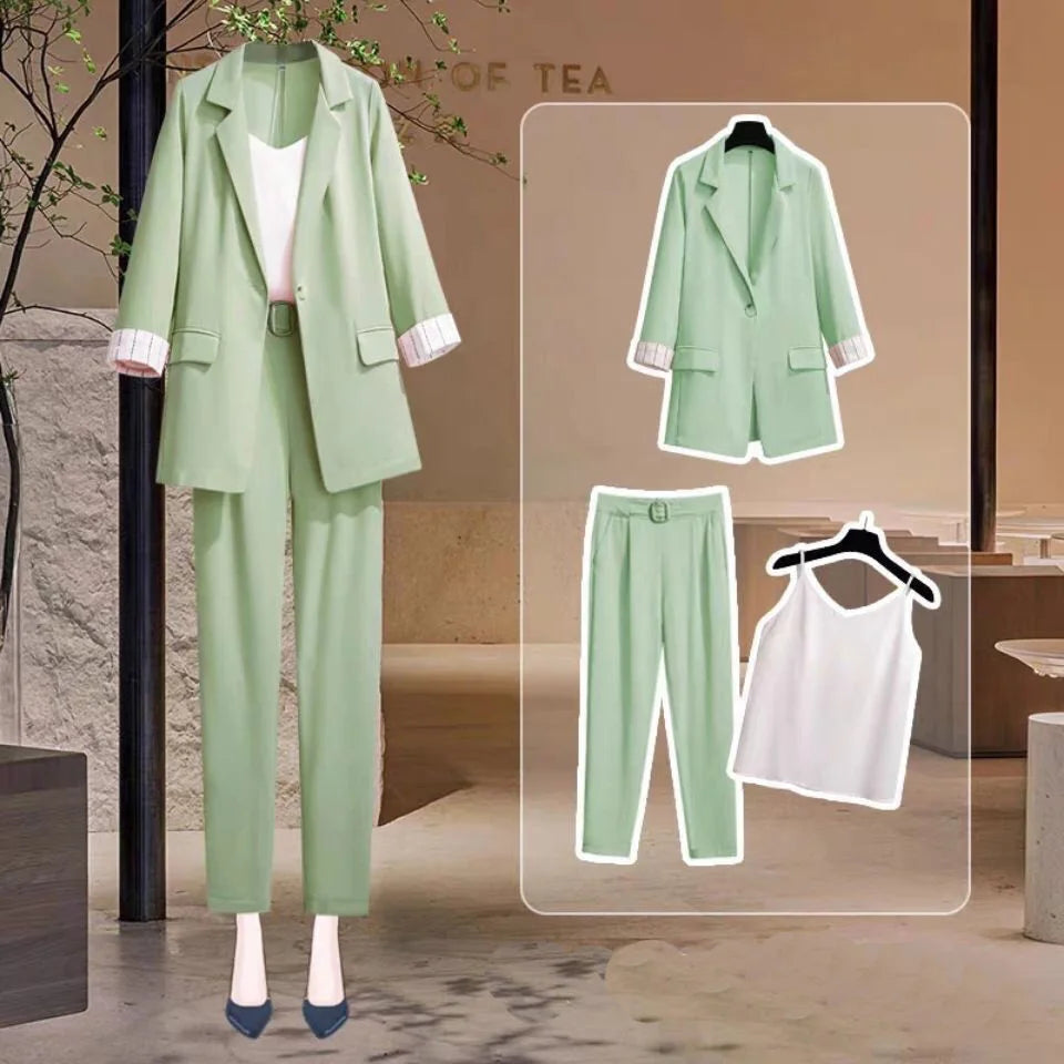 2023 spring new plus size Korean elegant women's suit female blazer leisure pants Tweed suit jacket three piece jacket pants set - Seprincess