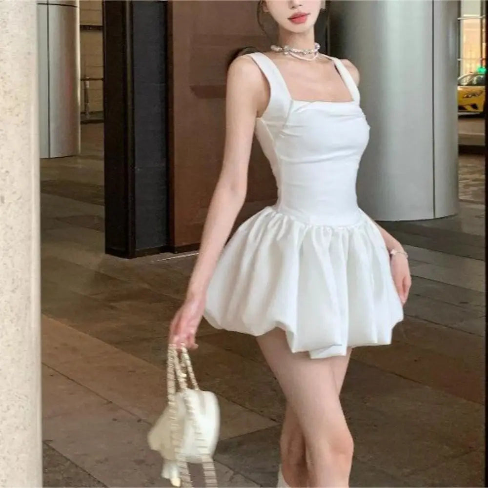 Elegant French Style Camisole Dress Sleeveless Slim Fit Short Dress Black White Puffy Dress Women Girl - Seprincess