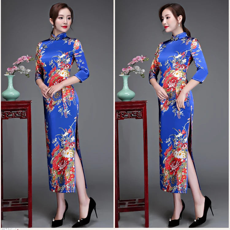 Old Shanghai Elegant Women Satin Qipao Slim 3/4 Sleeve Long Dress New Traditional Chinese Mandarin Collar Cheongsam Vestidos - Seprincess