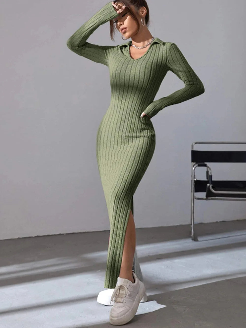 2024 Europe And The United States Autumn And Winter New Knitted Slim-Fit Lapel Long Sleeve Pit Strip Solid Color Tight Dress - Seprincess