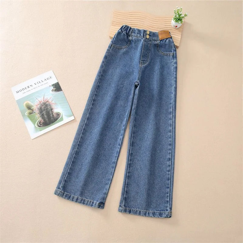 Girls Loose Jeans Pants Autumn Children Casual Straight Long Pants Teen School Big Kids Wide Leg Trousers 5-14 Years