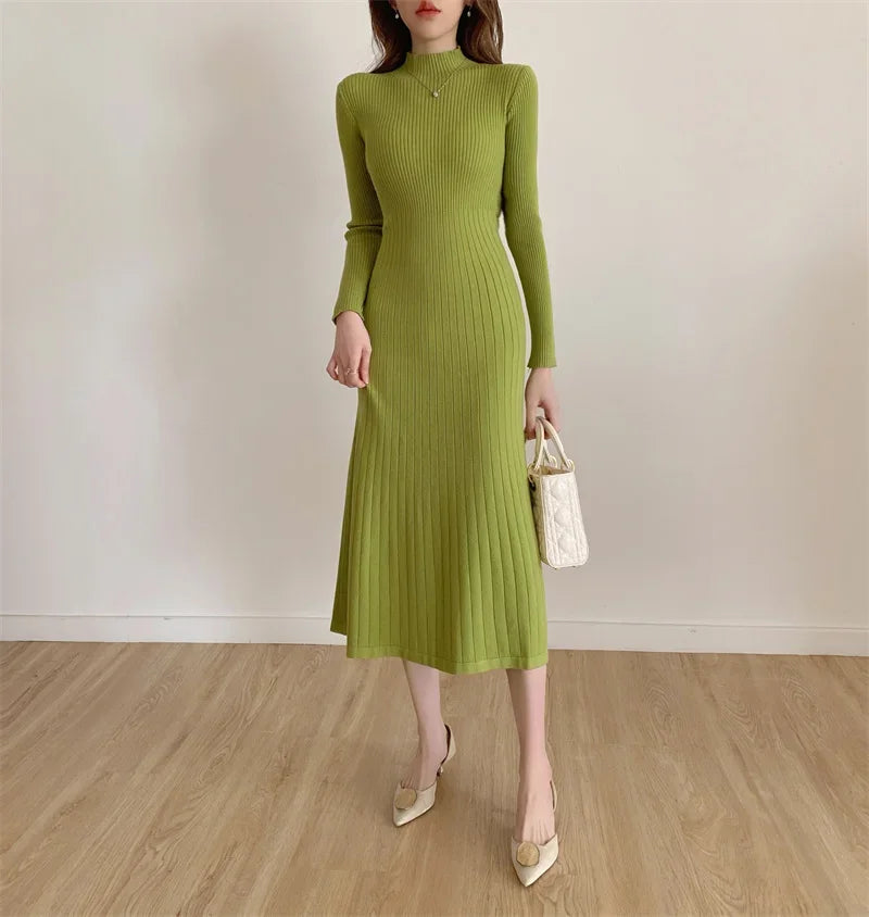 Autumn Winter 2024 Slim Long Sleeve Party Midi Dress for Women Knitted Half High Collar Elegant Knitted Sweater Dresses Ladies - Seprincess