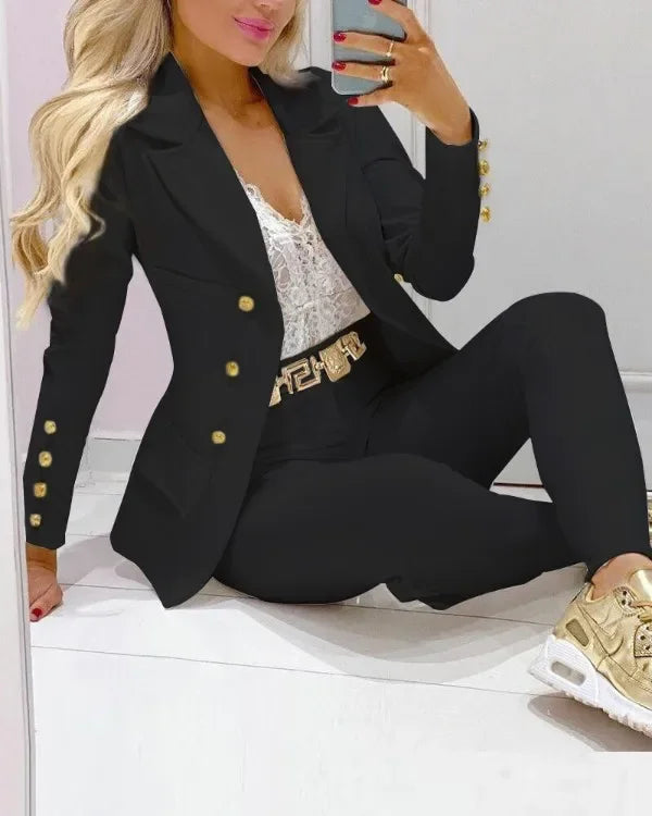 New 2023 Formal Office Pant Sets Women 2PCS Double Breasted Solid Blazers Jacket and Pants Two Pieces Set Female Pant Suits Sets