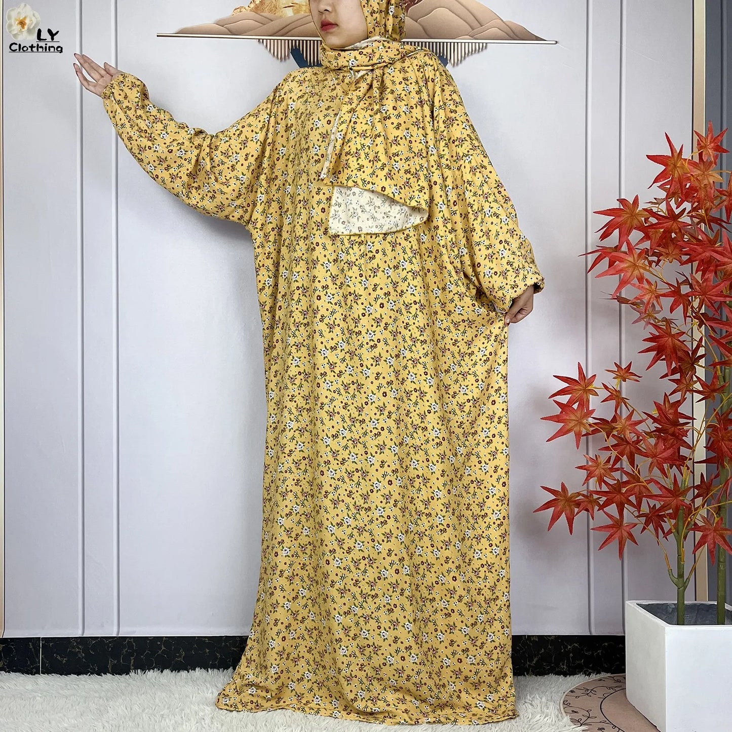 2024Latest Muslim Abayas For Women Ramadan Prayer Maxi Dubai Turkey Femme Cotton Robe Floral Loose African Dress Turban Attached