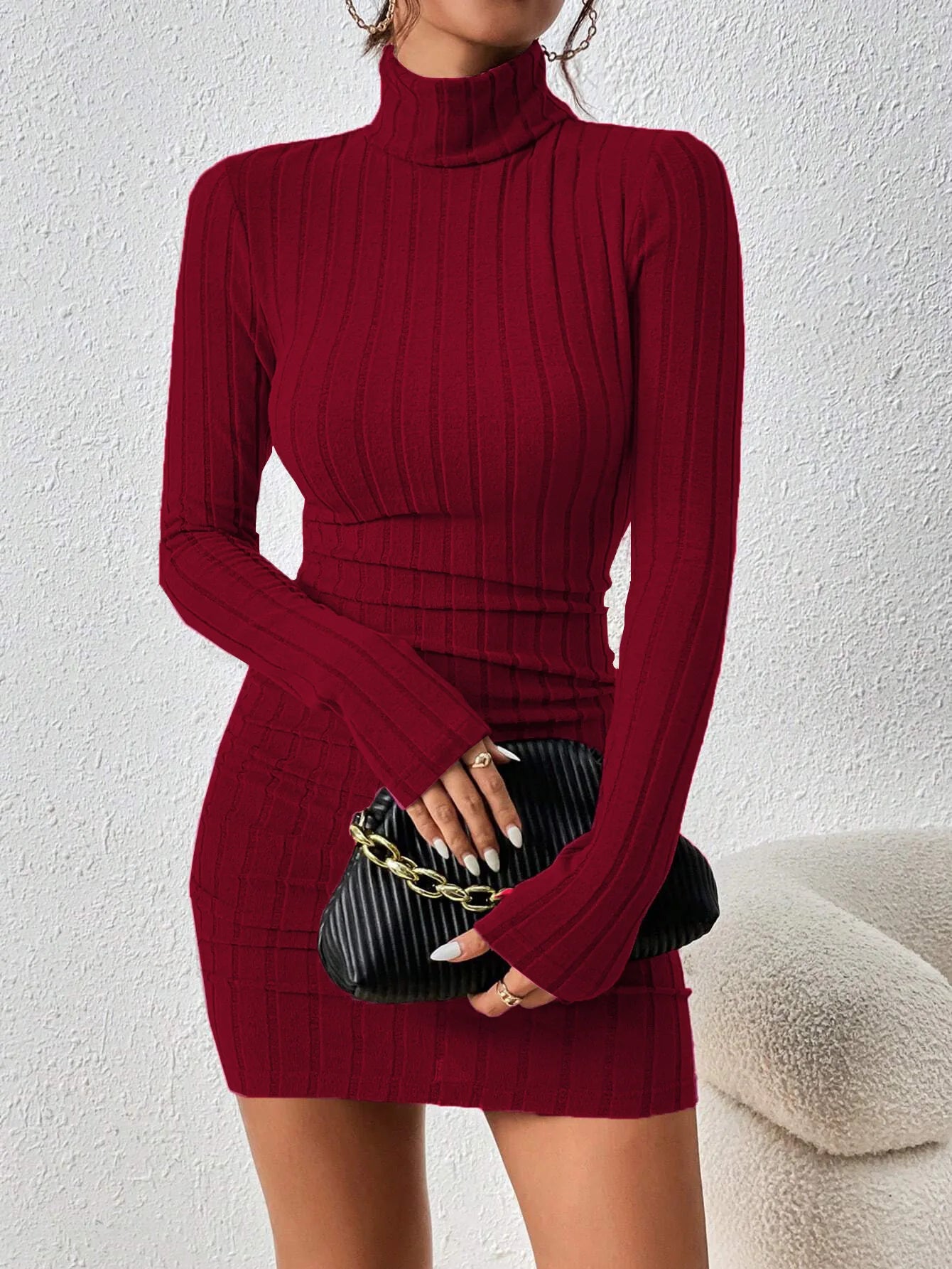 Women's Elegant Sexy Dress Autumn and Winter 2024 Burgundy Simple Style Turtleneck Short Slim New Fashion - Seprincess