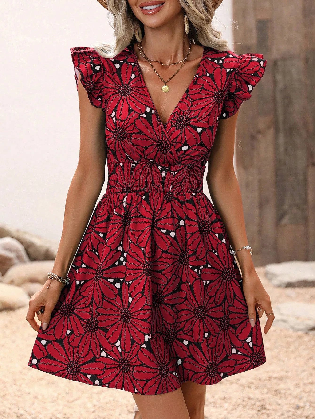 Chic Flower Print Vest A-Line Dress Women Summer V-Neck Mini Skirt Elegant Vacation Dresses - Seprincess