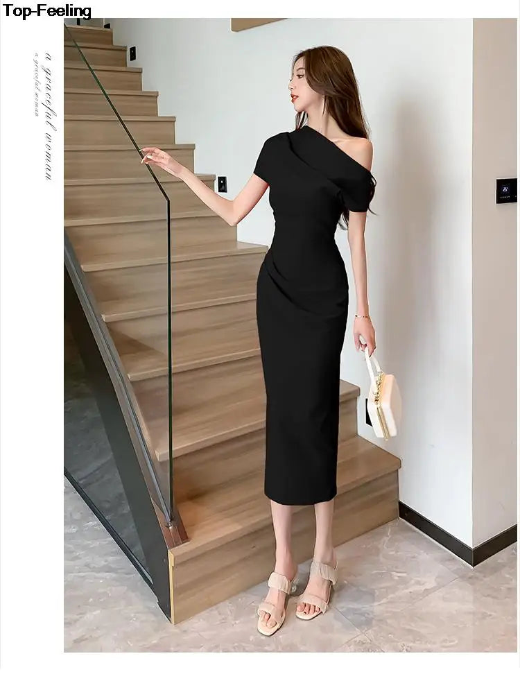 Elegant Off Shoulder Evening Party Dresses Women Summer Fashion Slim One Piece Solid Vestidos Korean Graduation Robe Clothing - Seprincess