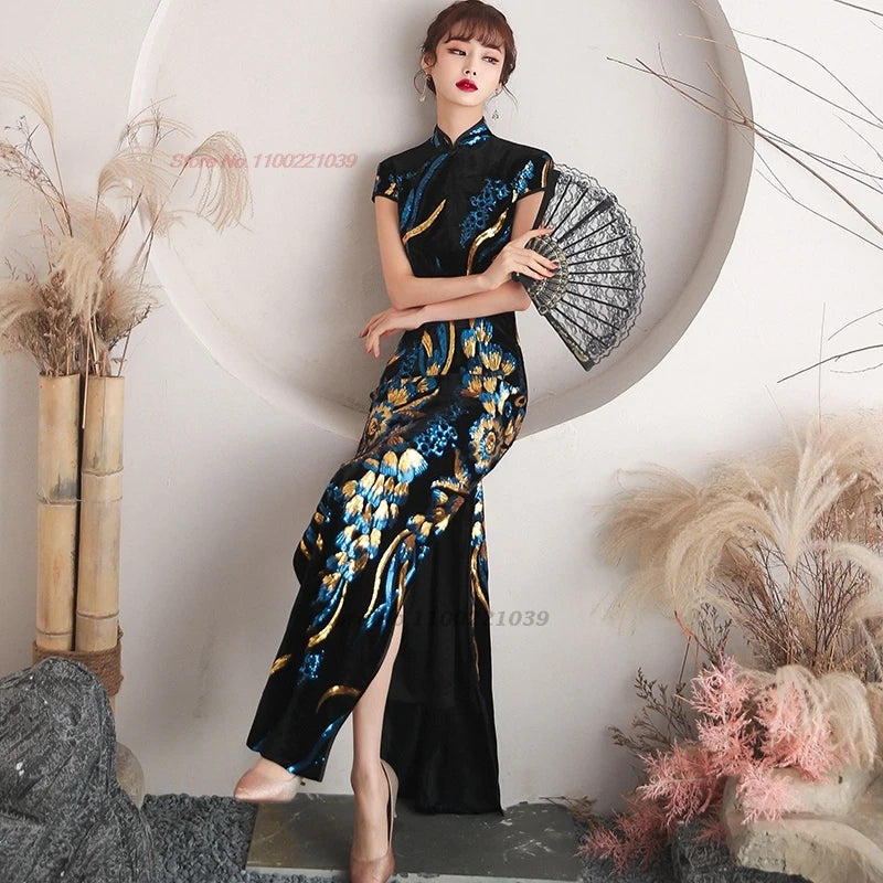 2024 chinese vintage dress improved cheongsam flower embroidery velvet dress oriental evening qipao banquet party dress vestido - Seprincess