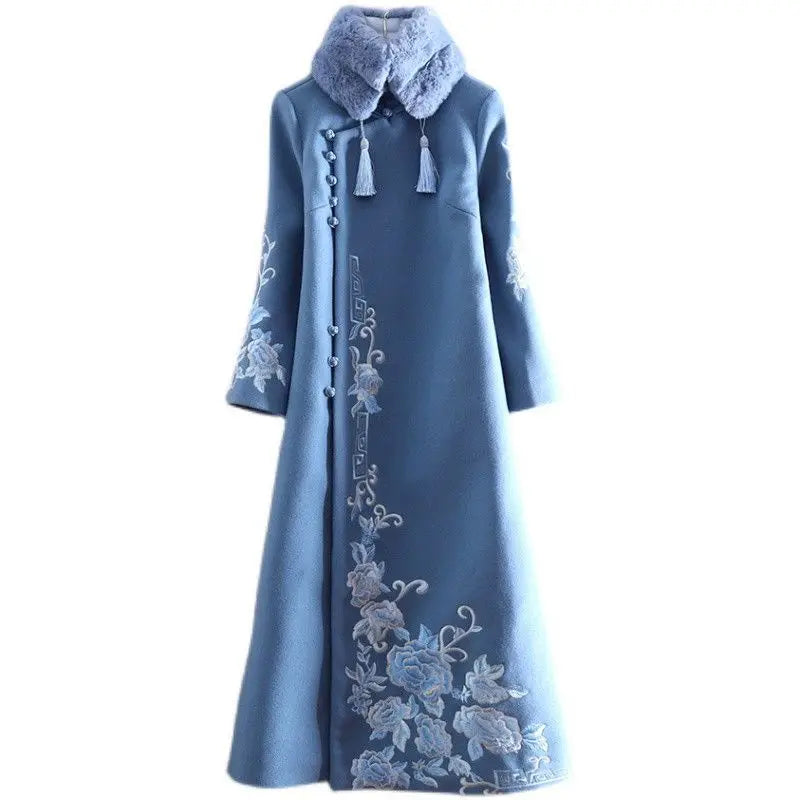 2024 chinese style improved qipao woolen dress autumn winter new improved women cheongsam dress daily floral hanfu dress - Seprincess