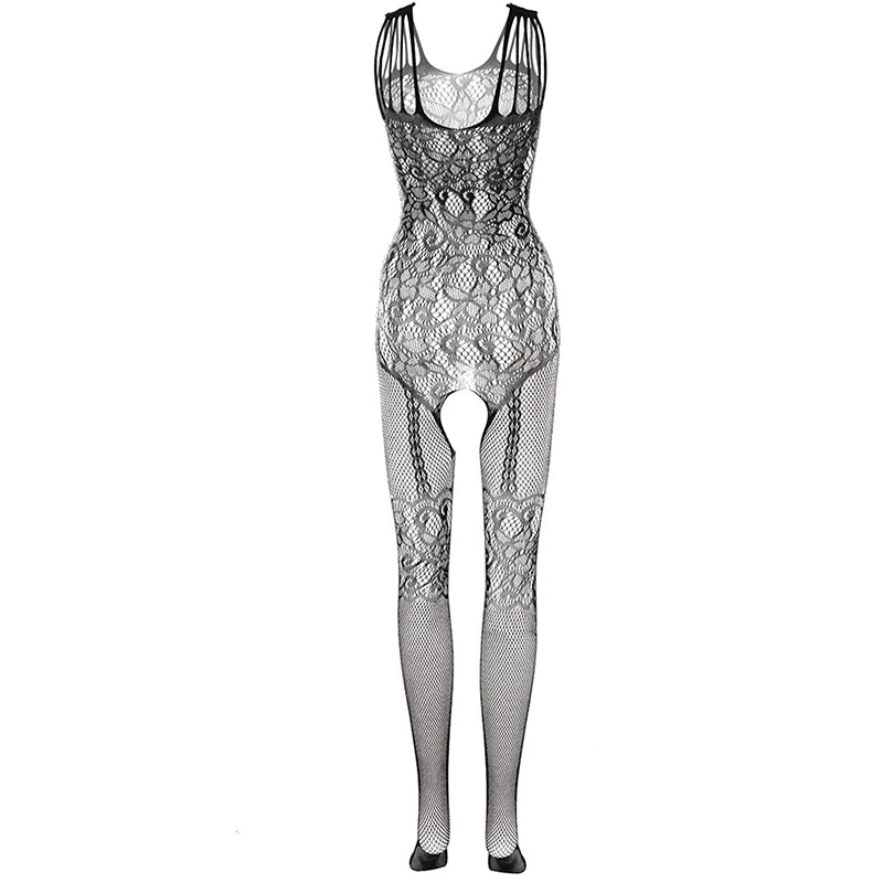 See Through Erotic Open Crotch Lingerie Women Mesh Hollow Bra Set Sexy Bodysuit Lace Rose Print Bodystockings Porn Underwear Set