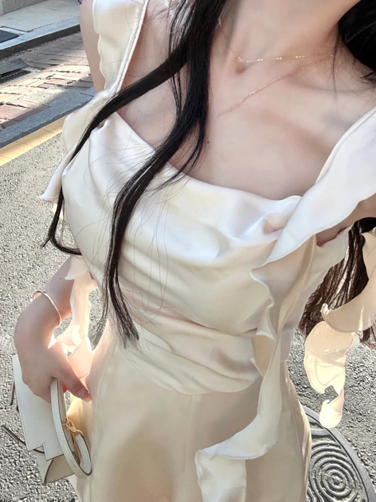 Elegant Sleeveless Satin Mini Dress Women 2023 Summer Korean Short Design Spaghetti Strap Vintage Fairy Sweet Female Clothing - Seprincess