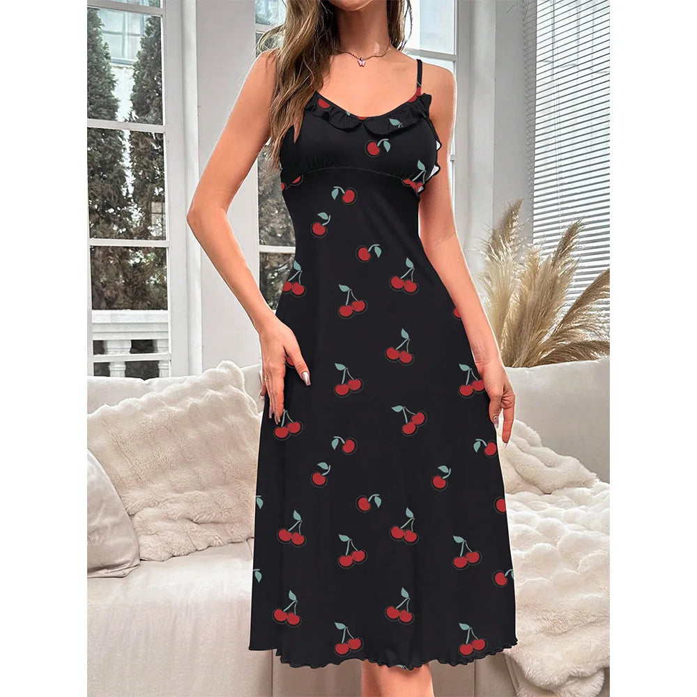 Cross-border foreign trade cherry print medium and long dress, nightdress, sexy and comfortable loungewear women - Seprincess