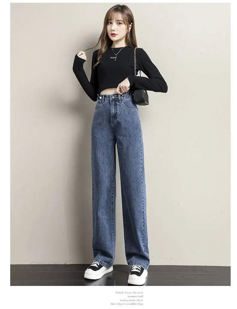 Multi-Button Wide-Leg Women's Jeans New Style Adjustable High-Waisted Straight-Leg Long Pants Loose Fit Niche Style