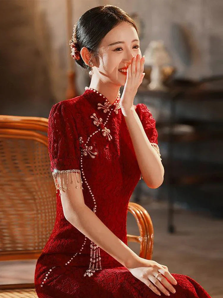 Mermaid Chinese Traditional Dress Red Wedding Bride Toast Clothing Sexy Ladies Cheongsam for Evening Party Woman Vintage Qipao - Seprincess