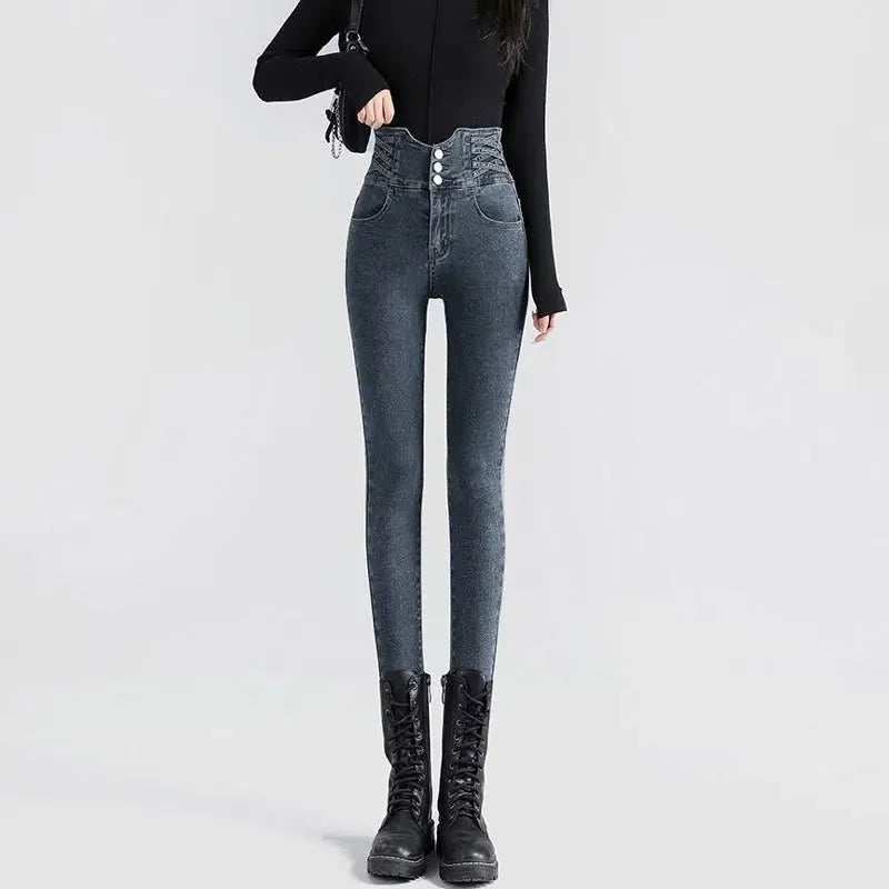 High-Waisted Slimming Jeans For Women - Elastic Waist And Slim Fit Design New Charcoal Grey Mid Waist Tightening Pants